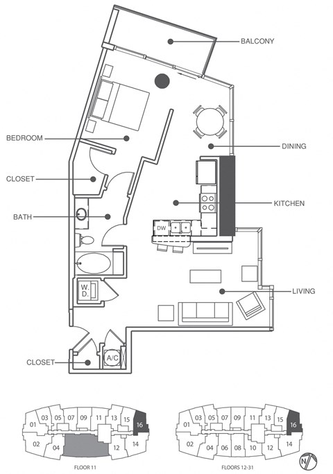 Floor plan for 1 bed, 1 bath, 804 sqft
